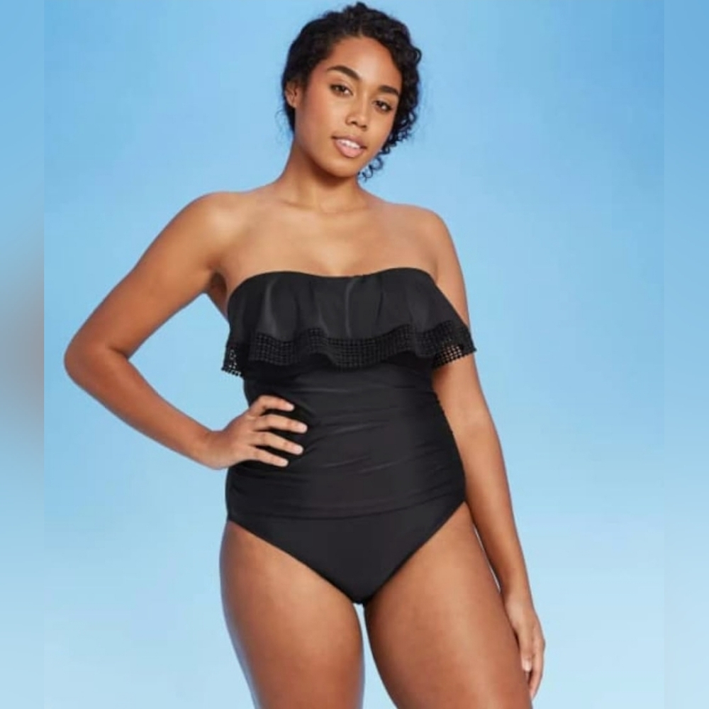 Kona Sol Women's Bandeau One Piece Strapless Swimsuit Ruffle Black Size Large